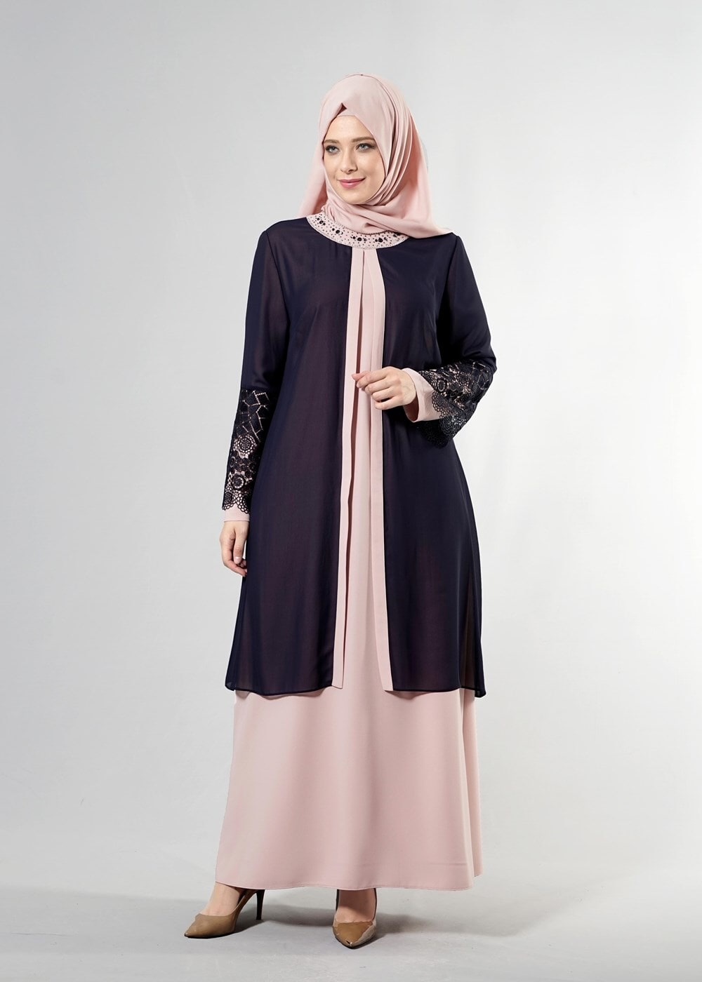 Tesettür giyim PUDRA T 6363 Famelin Dantel Detaylı Abiye