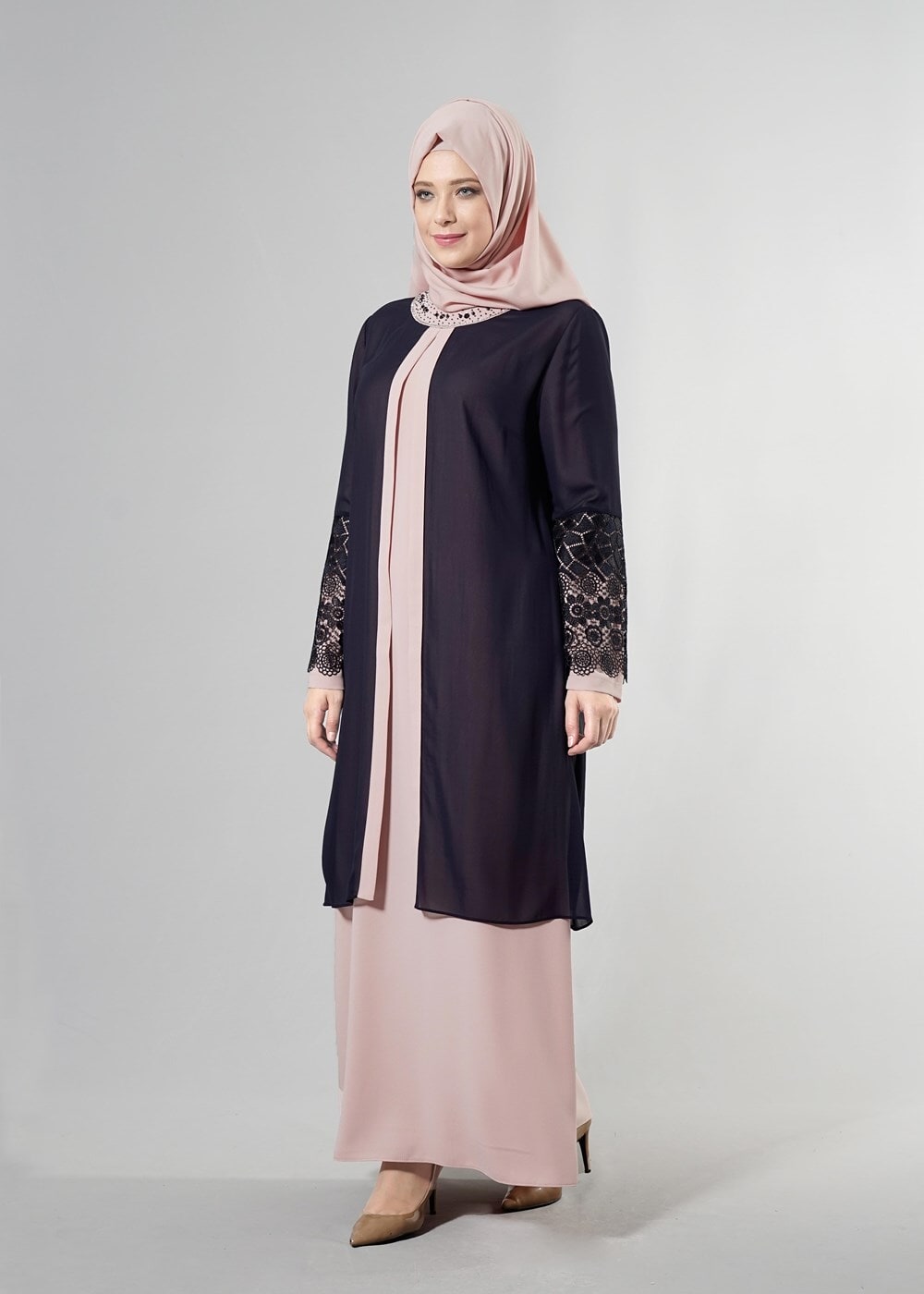 Tesettür giyim PUDRA T 6363 Famelin Dantel Detaylı Abiye