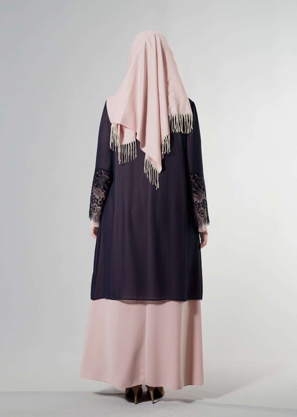 Tesettür giyim PUDRA T 6363 Famelin Dantel Detaylı Abiye