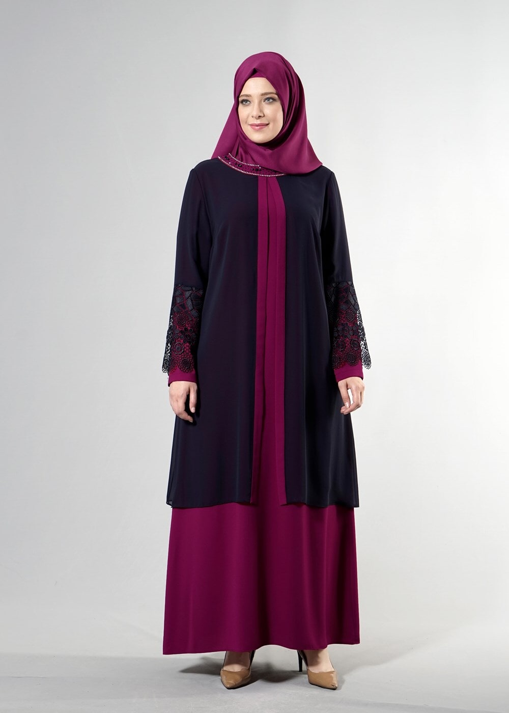 Tesettür giyim PEMBE T 6363 Famelin Dantel Detaylı Abiye