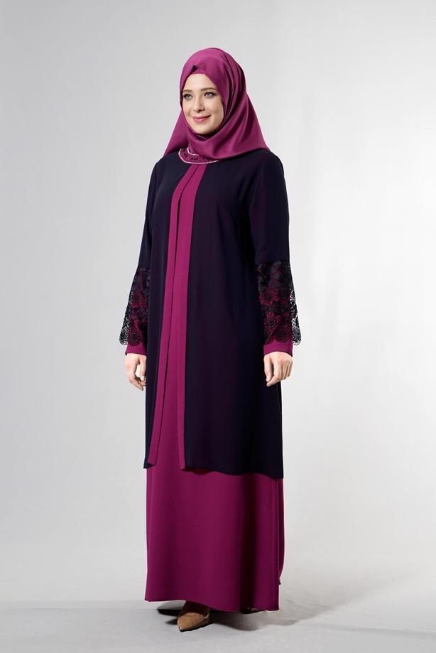 Tesettür giyim  T 6363 Famelin Dantel Detaylı Abiye - TRENDTESETTÜR