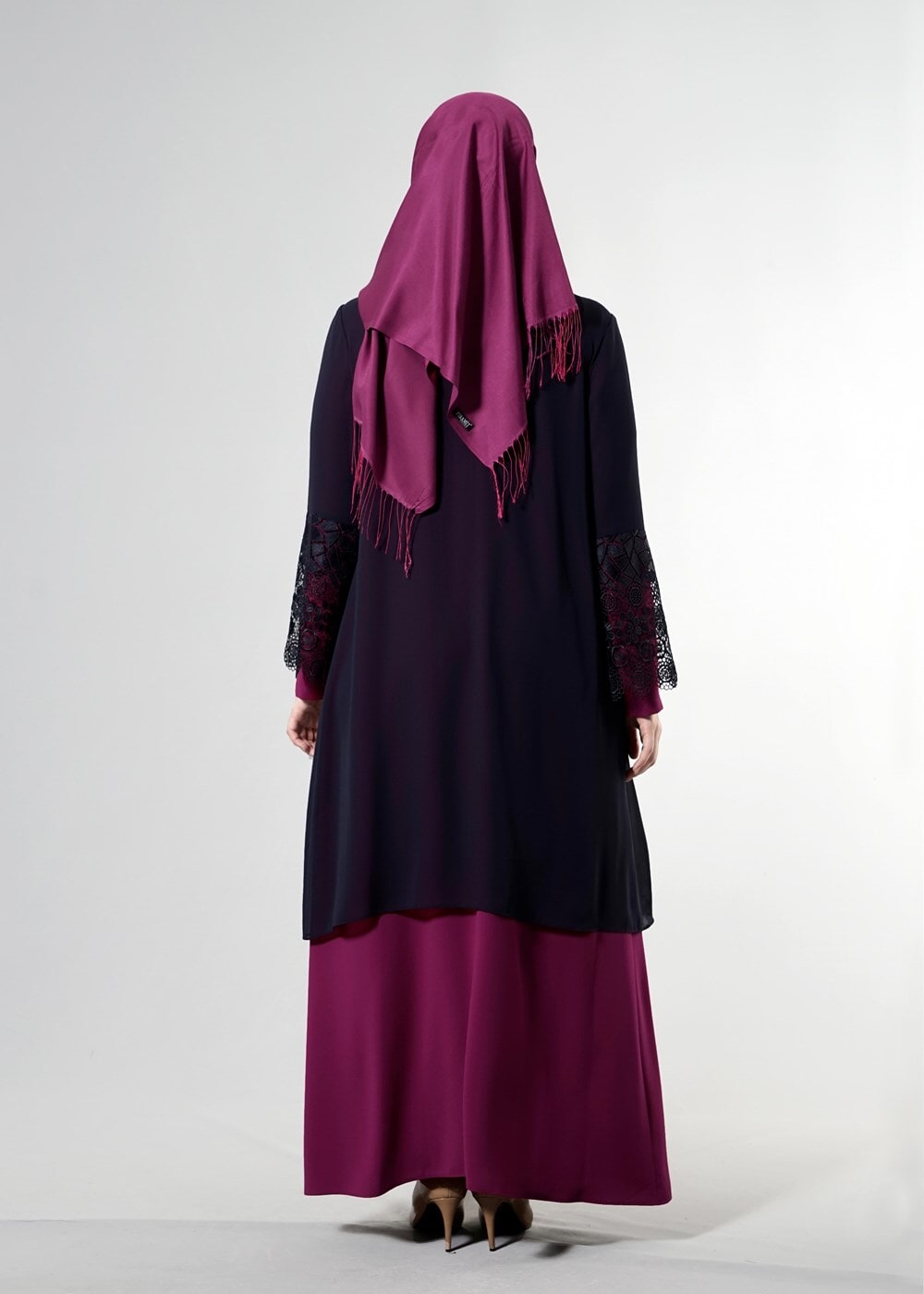 Tesettür giyim PEMBE T 6363 Famelin Dantel Detaylı Abiye
