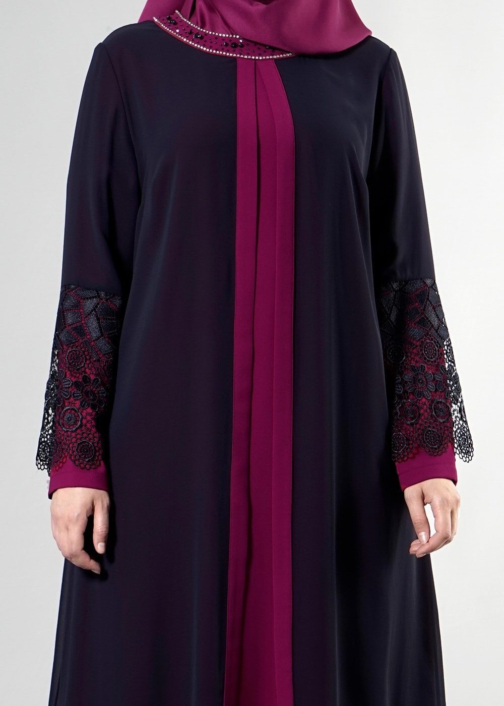 Tesettür giyim PEMBE T 6363 Famelin Dantel Detaylı Abiye