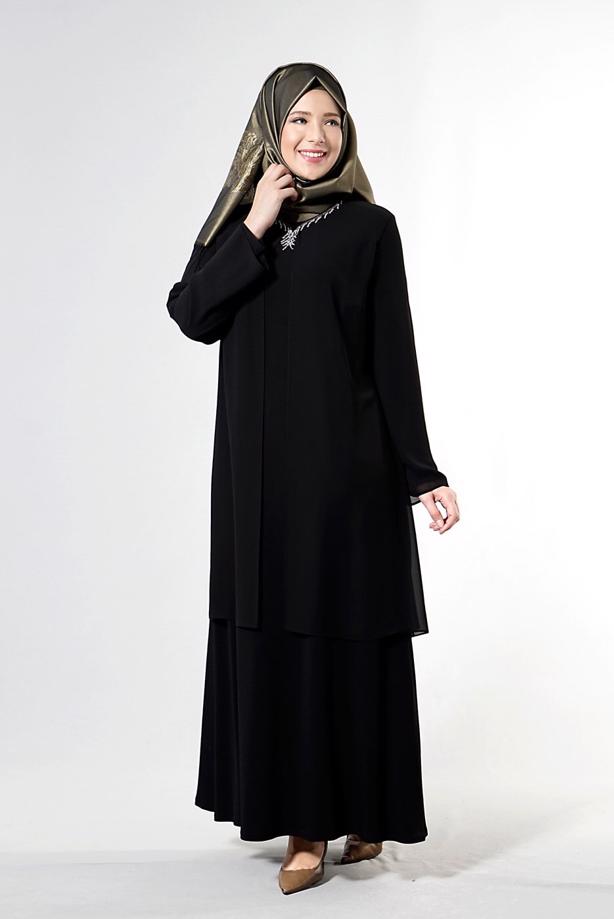 Tesettür giyim  T 6704 Famelin Aksesuarlı Birleşik Abiye - TRENDTESETTÜR