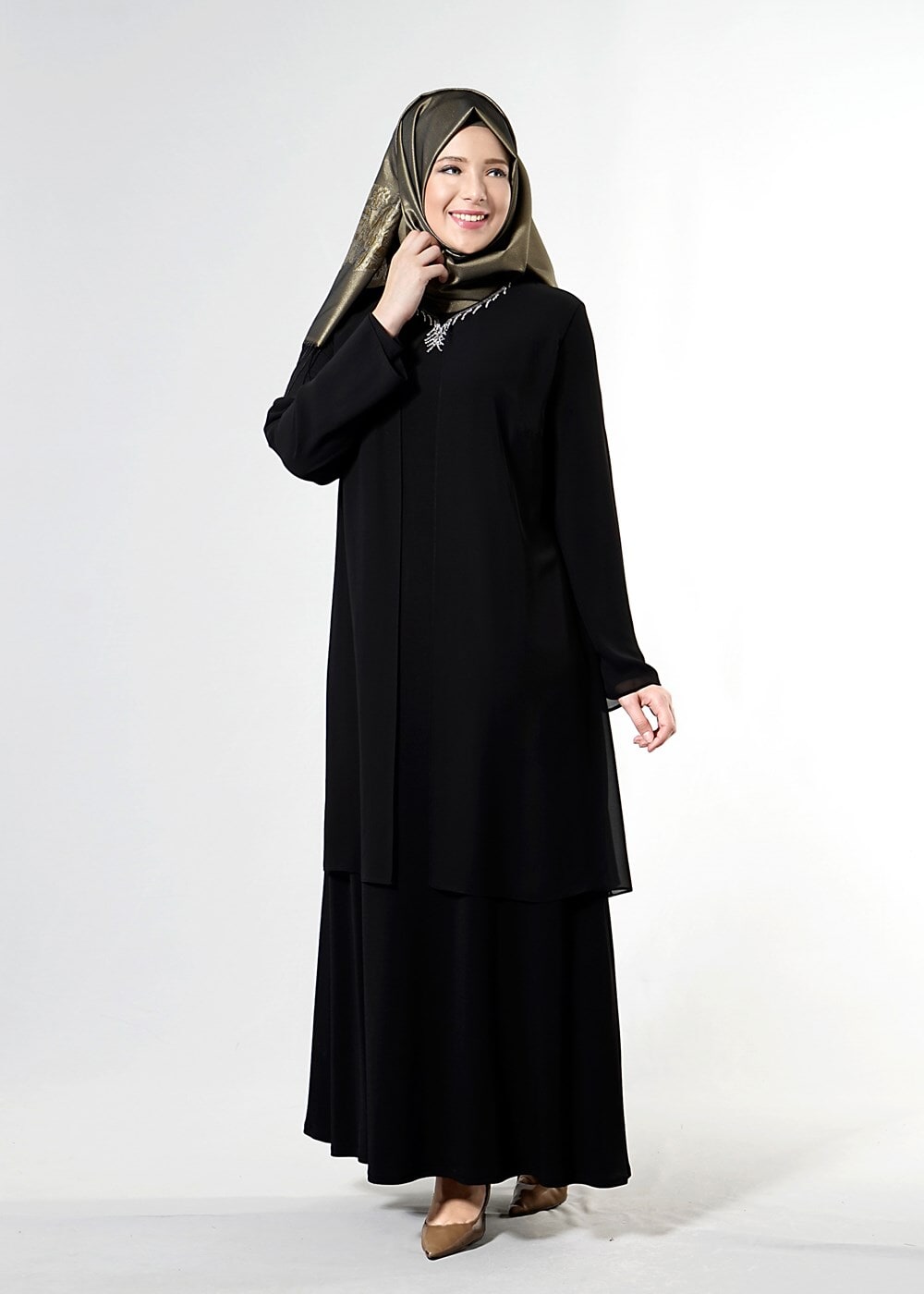 Tesettür giyim SİYAH T 6704 Famelin Aksesuarlı Birleşik Abiye