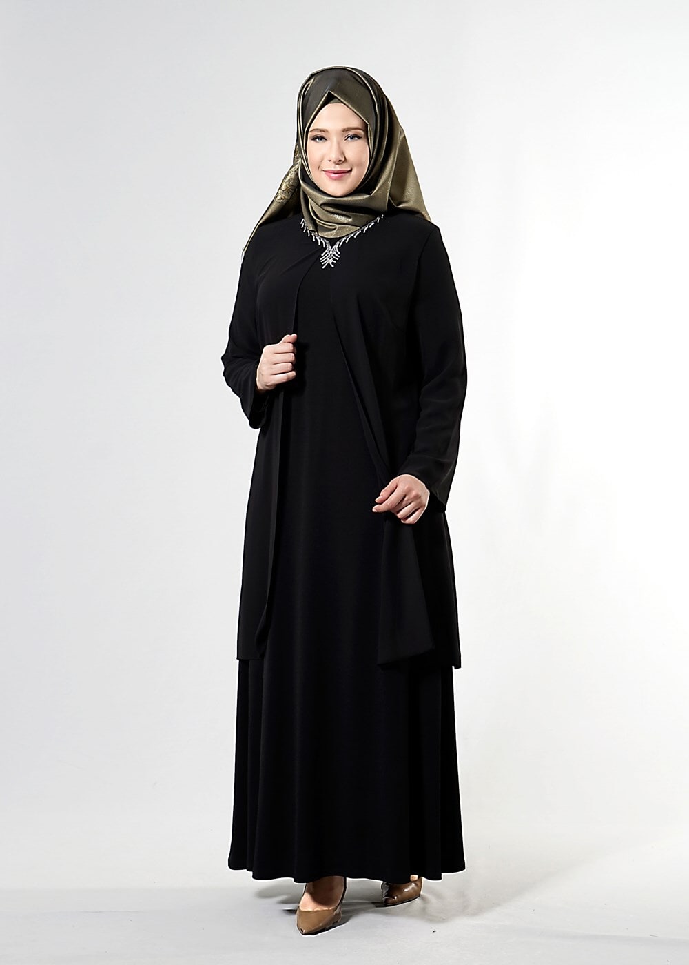 Tesettür giyim SİYAH T 6704 Famelin Aksesuarlı Birleşik Abiye