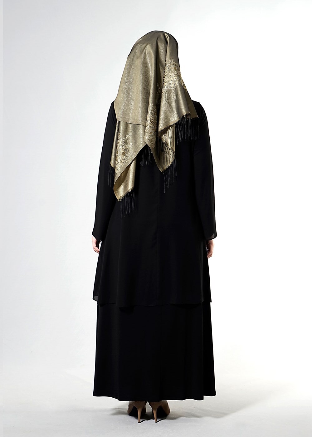 Tesettür giyim SİYAH T 6704 Famelin Aksesuarlı Birleşik Abiye