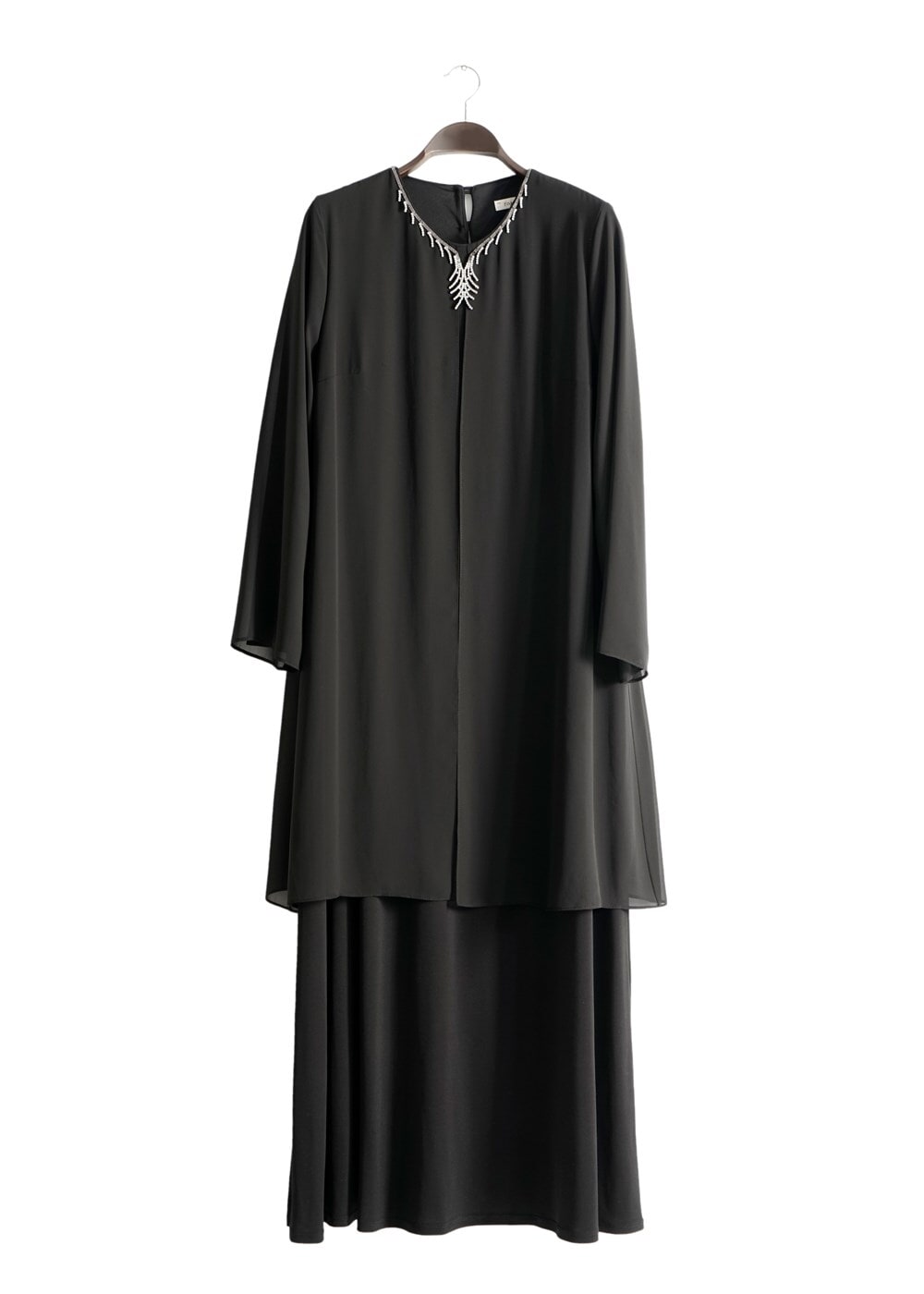 Tesettür giyim SİYAH T 6704 Famelin Aksesuarlı Birleşik Abiye