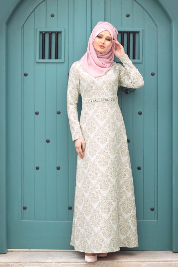 Tesettür giyim  TAŞLI JAKAR ABİYE ELBİSE 6715  - TRENDTESETTÜR