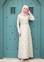 Tesettür giyim EKRU TAŞLI JAKAR ABİYE ELBİSE 6715 