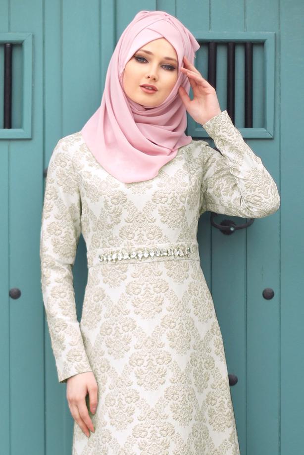Tesettür giyim  TAŞLI JAKAR ABİYE ELBİSE 6715  - TRENDTESETTÜR