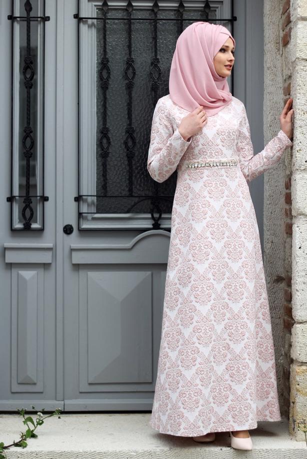 Tesettür giyim  TAŞLI JAKAR ABİYE ELBİSE 6715  - TRENDTESETTÜR