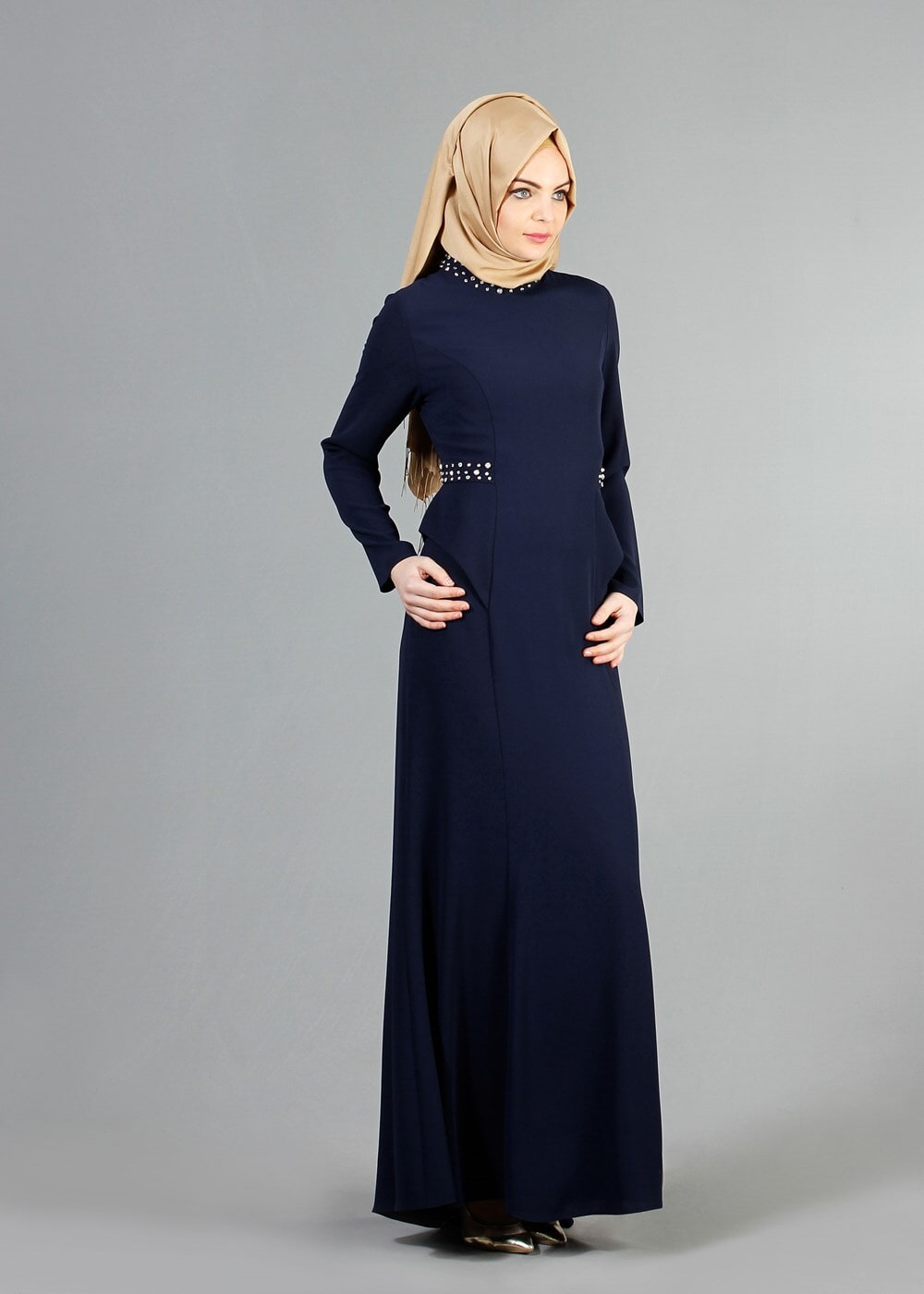 Tesettür giyim LACİVERT TAŞ DETAYLI ABİYE ELBİSE 6776 