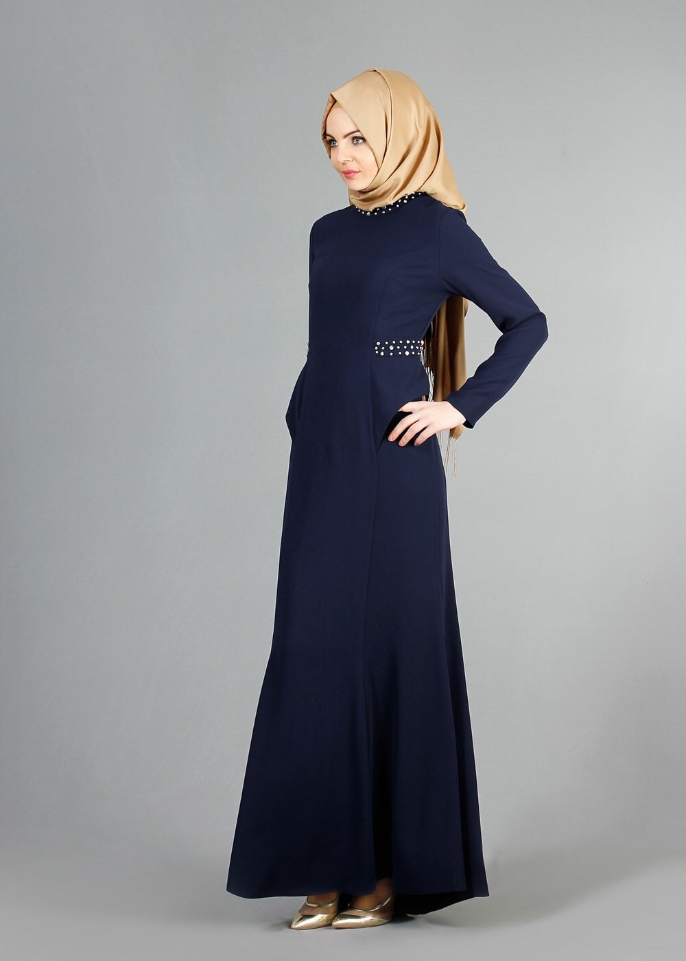 Tesettür giyim LACİVERT TAŞ DETAYLI ABİYE ELBİSE 6776 