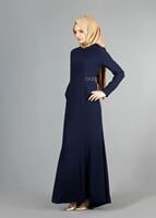 Tesettür giyim LACİVERT TAŞ DETAYLI ABİYE ELBİSE 6776 