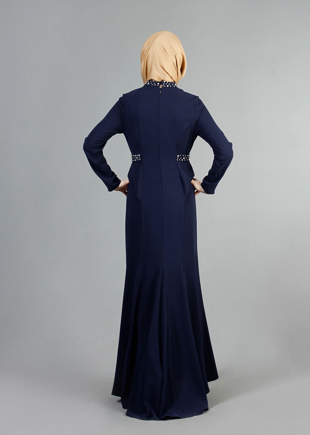 Tesettür giyim LACİVERT TAŞ DETAYLI ABİYE ELBİSE 6776 