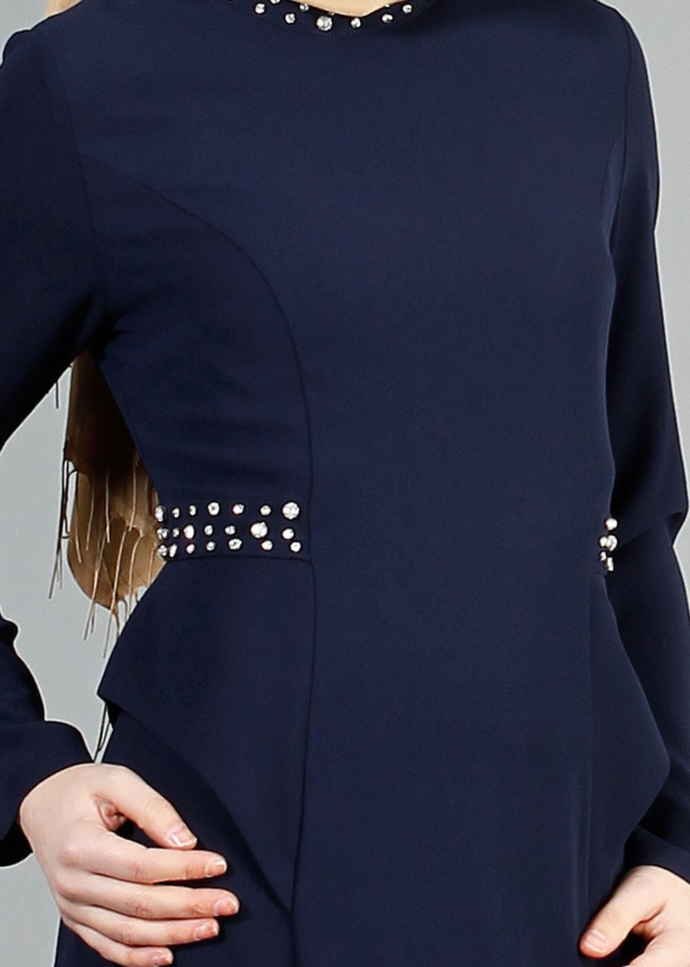 Tesettür giyim LACİVERT TAŞ DETAYLI ABİYE ELBİSE 6776 