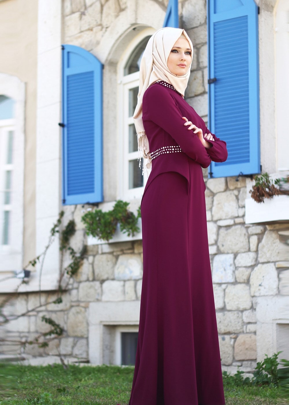 Tesettür giyim PEMBE TAŞ DETAYLI ABİYE ELBİSE 6776 