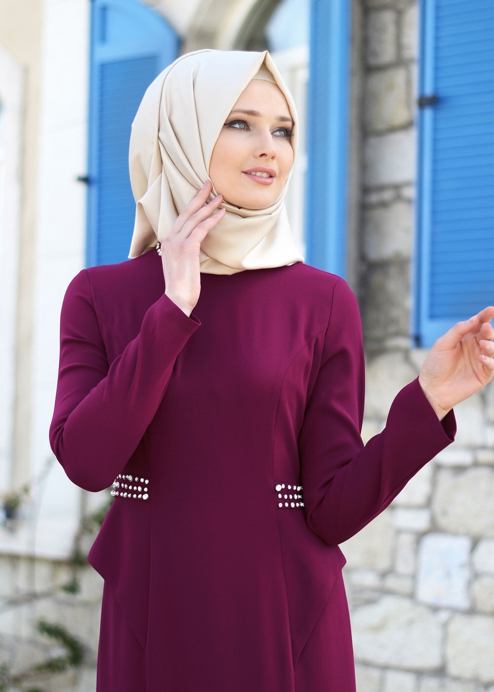 Tesettür giyim PEMBE TAŞ DETAYLI ABİYE ELBİSE 6776 