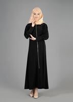 Tesettür giyim SİYAH TAŞ BASKILI FERMUARLI FERACE 8129