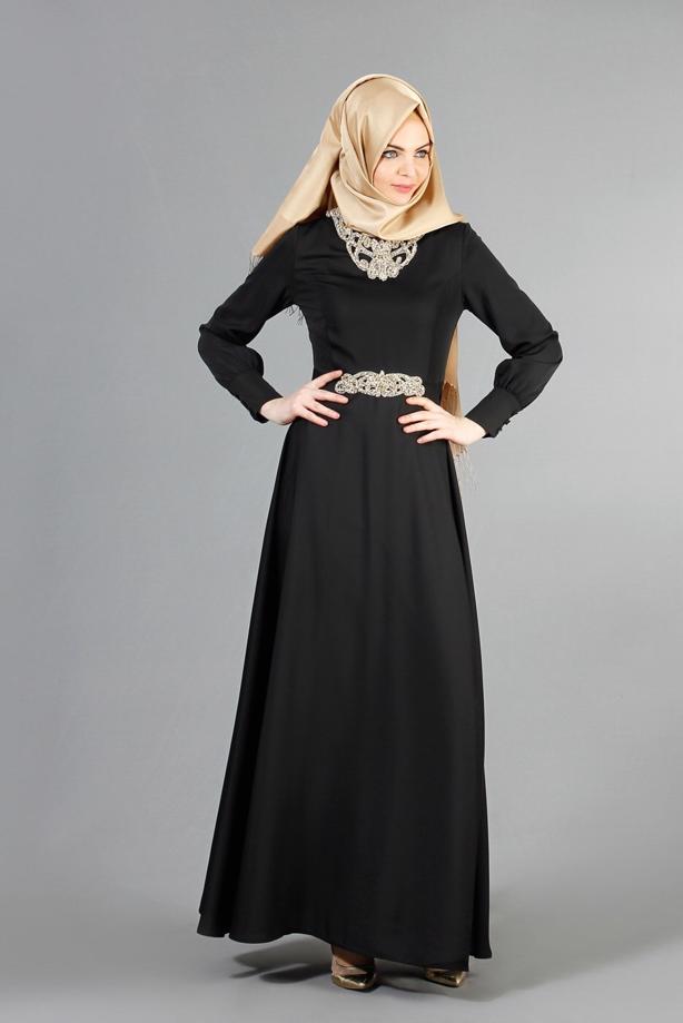 Vêtements hijab  T 1630 Tuay Yakası Ve Beli Taş İşlemeli Abiye - TRENDTESETTÜR