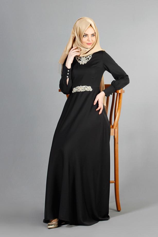 Vêtements hijab  T 1630 Tuay Yakası Ve Beli Taş İşlemeli Abiye - TRENDTESETTÜR