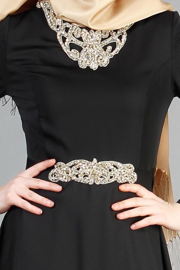 Vêtements hijab  T 1630 Tuay Yakası Ve Beli Taş İşlemeli Abiye - TRENDTESETTÜR