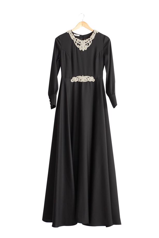 Vêtements hijab  T 1630 Tuay Yakası Ve Beli Taş İşlemeli Abiye - TRENDTESETTÜR