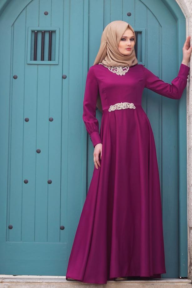 Vêtements hijab  T 1630 Tuay Yakası Ve Beli Taş İşlemeli Abiye - TRENDTESETTÜR