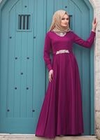 Vêtements hijab FUCHSIA T 1630 Tuay Yakası Ve Beli Taş İşlemeli Abiye