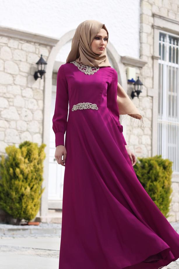 Vêtements hijab  T 1630 Tuay Yakası Ve Beli Taş İşlemeli Abiye - TRENDTESETTÜR