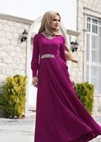 Vêtements hijab FUCHSIA T 1630 Tuay Yakası Ve Beli Taş İşlemeli Abiye