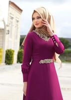 Vêtements hijab FUCHSIA T 1630 Tuay Yakası Ve Beli Taş İşlemeli Abiye
