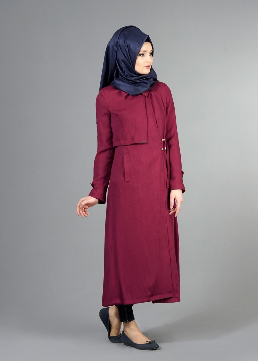 Tesettür giyim FUŞYA T 2039 Tuay Kruvaze Kesim Erkek Yaka Cepli Trench