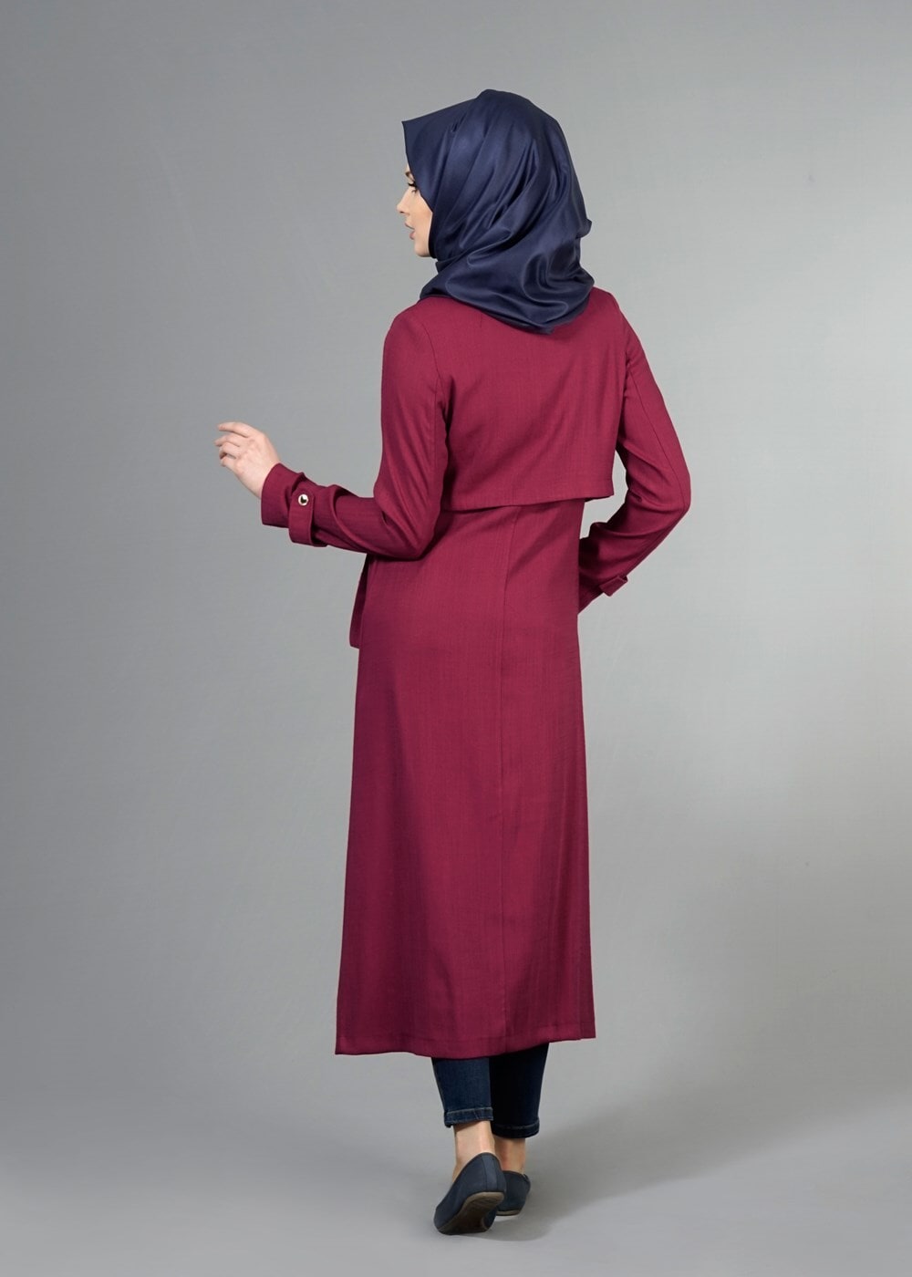Tesettür giyim FUŞYA T 2039 Tuay Kruvaze Kesim Erkek Yaka Cepli Trench