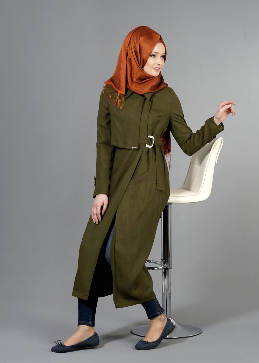 Tesettür giyim HAKİ T 2039 Tuay Kruvaze Kesim Erkek Yaka Cepli Trench