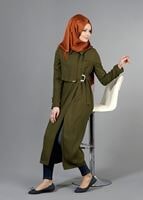 Tesettür giyim HAKİ T 2039 Tuay Kruvaze Kesim Erkek Yaka Cepli Trench