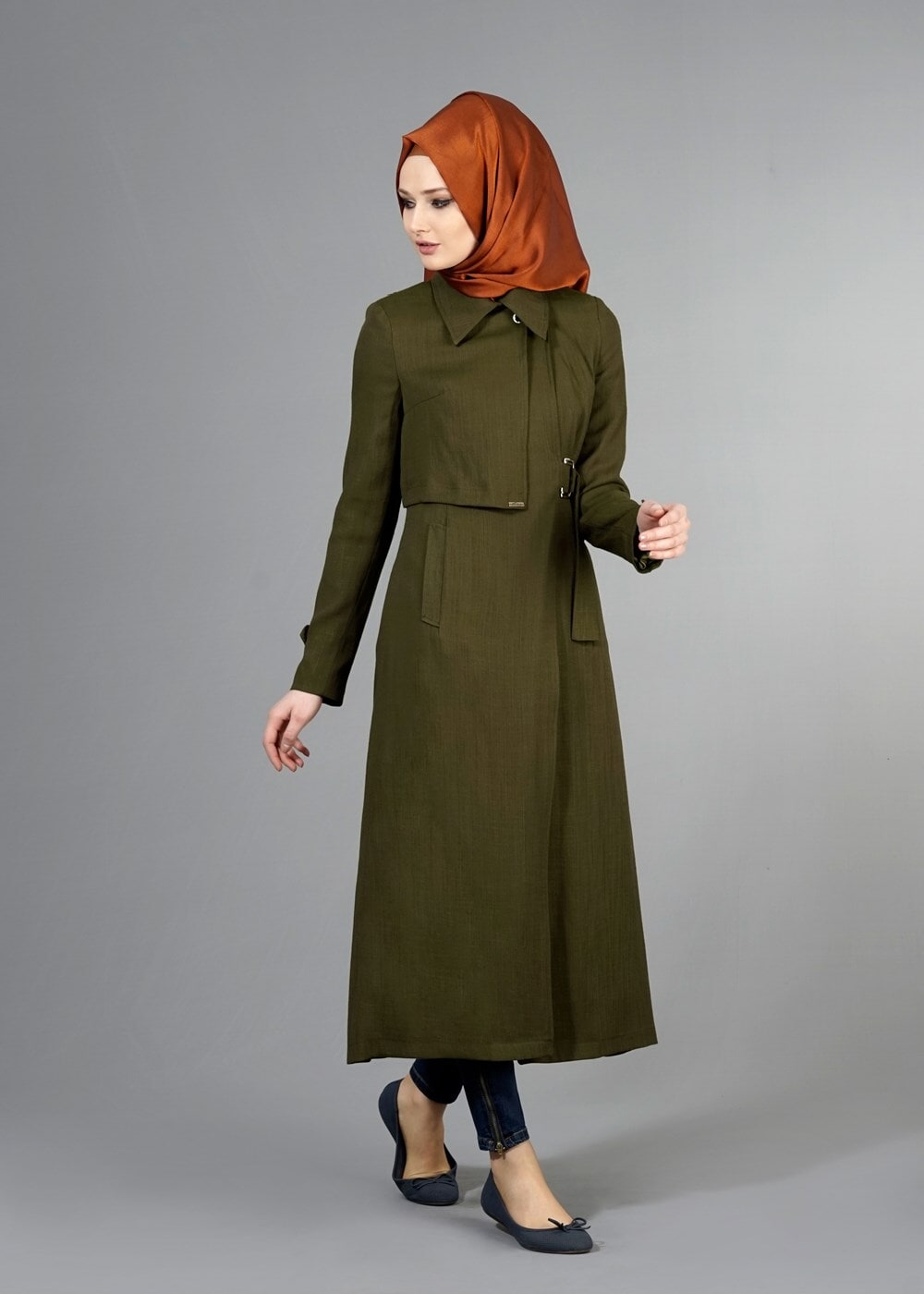 Tesettür giyim HAKİ T 2039 Tuay Kruvaze Kesim Erkek Yaka Cepli Trench