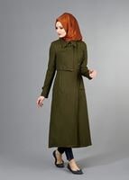 Tesettür giyim HAKİ T 2039 Tuay Kruvaze Kesim Erkek Yaka Cepli Trench