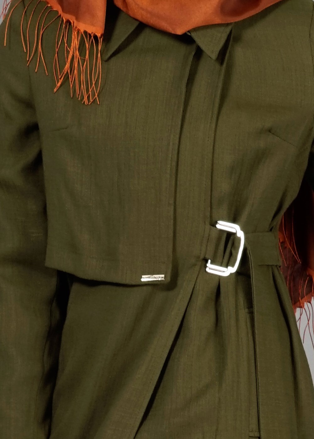 Tesettür giyim HAKİ T 2039 Tuay Kruvaze Kesim Erkek Yaka Cepli Trench