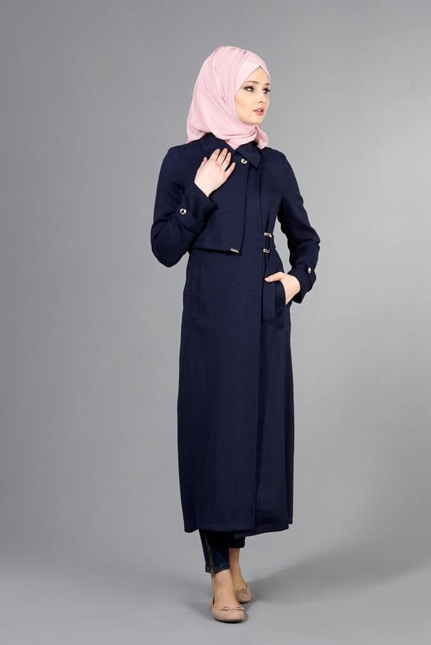 Hijab clothing  T 2039 Tuay Kruvaze Kesim Erkek Yaka Cepli Trench - TRENDTESETTÜR