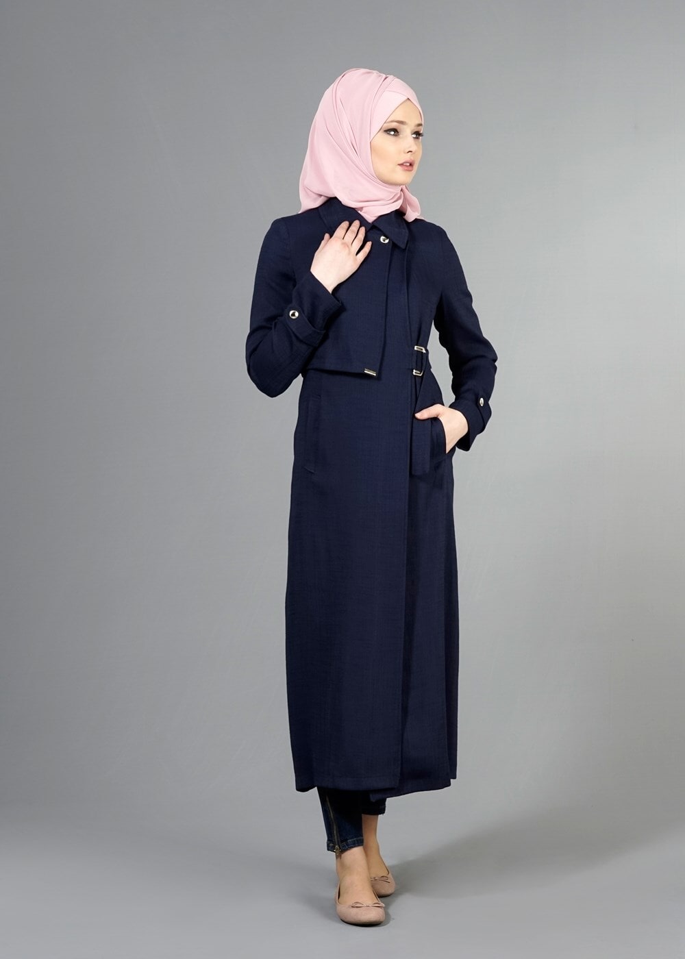Hijab clothing NAVY BLUE T 2039 Tuay Kruvaze Kesim Erkek Yaka Cepli Trench