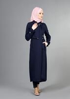 Hijab clothing NAVY BLUE T 2039 Tuay Kruvaze Kesim Erkek Yaka Cepli Trench