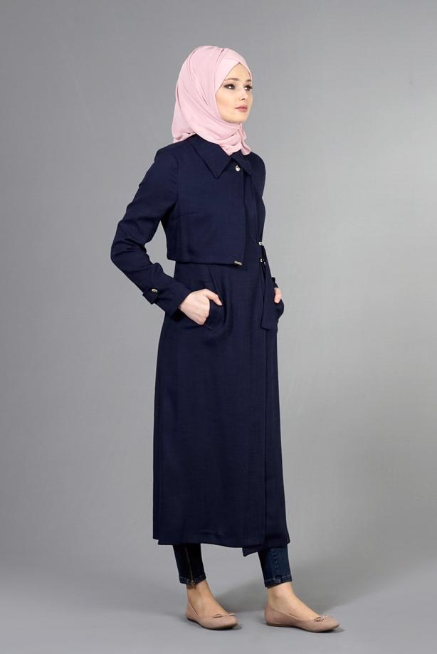 Hijab clothing  T 2039 Tuay Kruvaze Kesim Erkek Yaka Cepli Trench - TRENDTESETTÜR