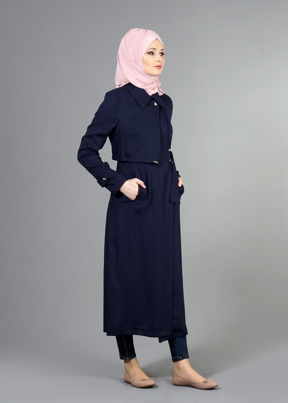 Hijab clothing NAVY BLUE T 2039 Tuay Kruvaze Kesim Erkek Yaka Cepli Trench