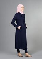 Hijab clothing NAVY BLUE T 2039 Tuay Kruvaze Kesim Erkek Yaka Cepli Trench
