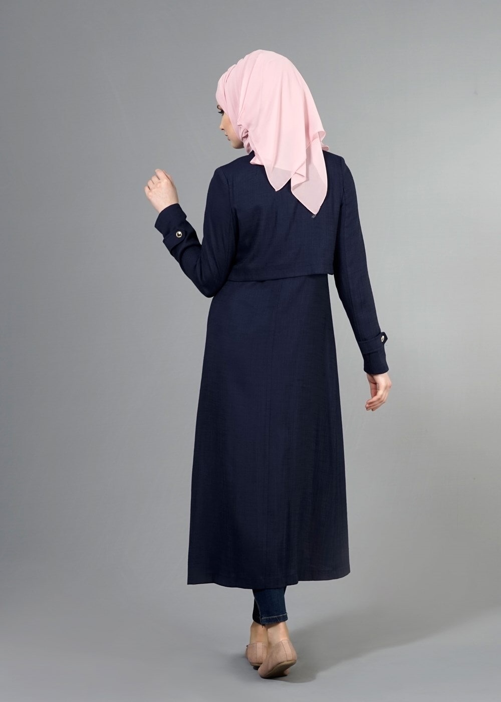 Hijab clothing NAVY BLUE T 2039 Tuay Kruvaze Kesim Erkek Yaka Cepli Trench