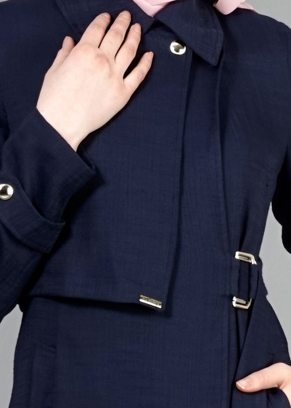 Hijab clothing NAVY BLUE T 2039 Tuay Kruvaze Kesim Erkek Yaka Cepli Trench