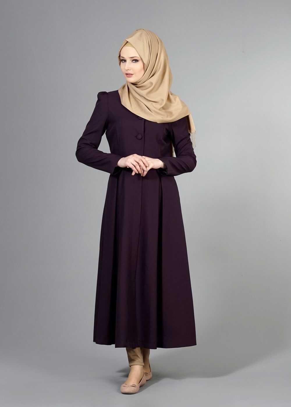 Tesettür giyim MOR T 2063 Tuay Pileli Sıfır Yaka Trench