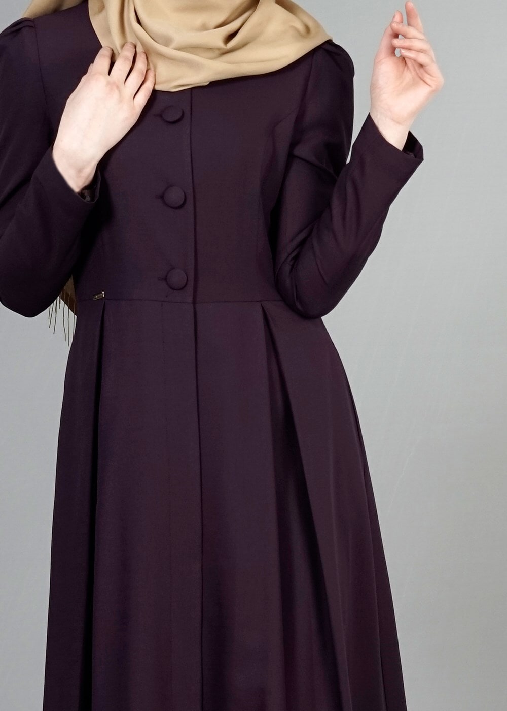 Tesettür giyim MOR T 2063 Tuay Pileli Sıfır Yaka Trench